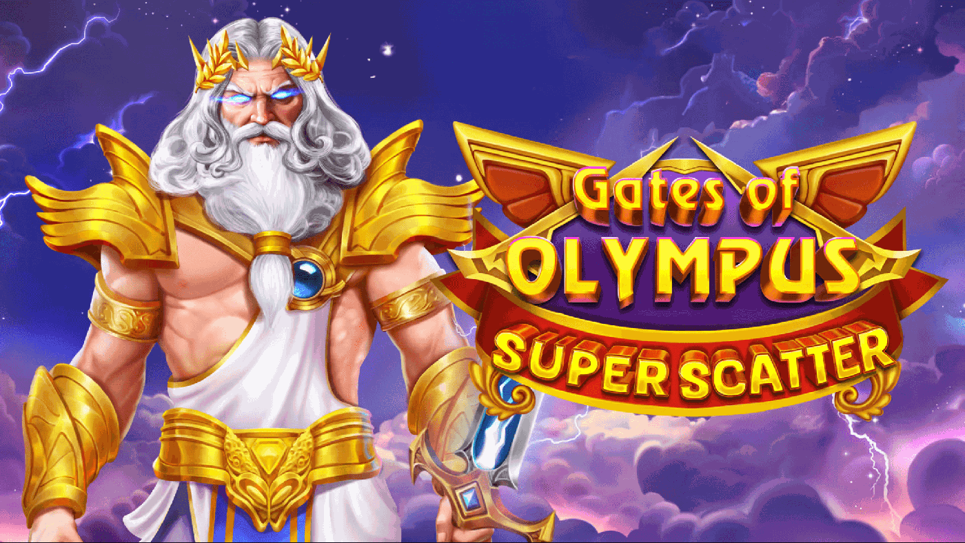 Gates of Olympus Super Scatter: Zeus thront über den Wolken des Olymp, umgeben von Edelstein-Symbolen wie violettem Kristall, blauem Diamant, grüner Weltkugel und goldenen Münzen mit 5X- und 50X-Prägung auf rosa-violettem Himmel